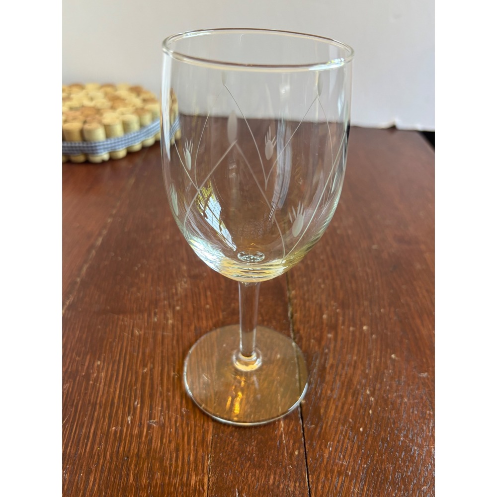 Vintage Etched Wheat Glass Wine Goblet Clear Stemmed Water Glass 7 Inch